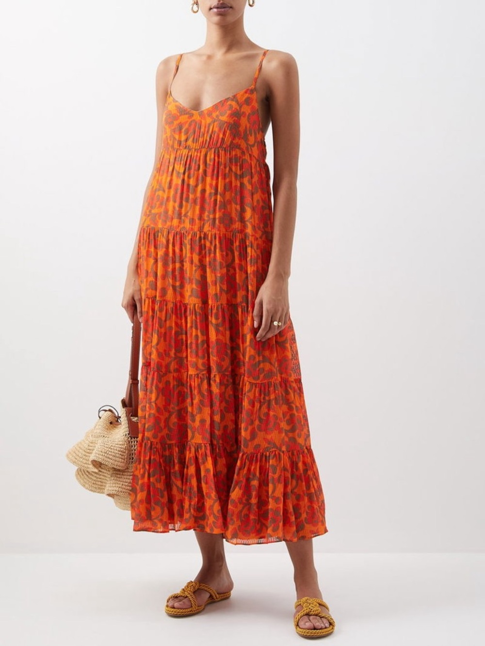 Rhode Josephine One Love Floral Orange Challis Tiered Maxi Dress‎